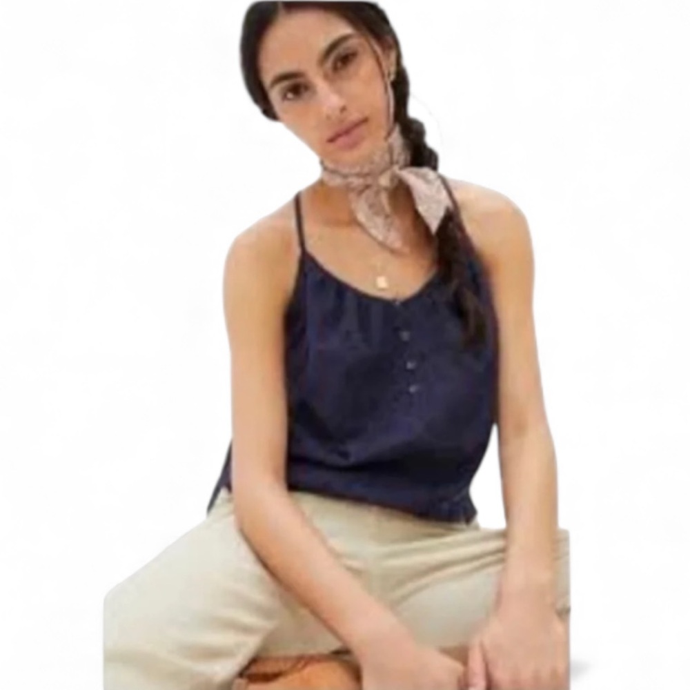 Anthropologie Blue Textured Gingham Plaid Button Front Tank Top L